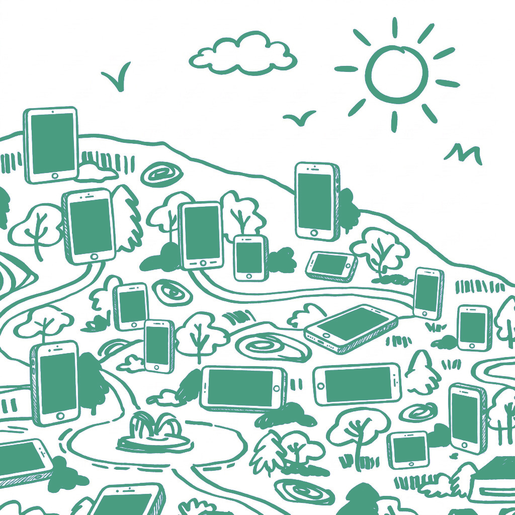 Illustration: Landschaft, in der Handys die Häuser sind