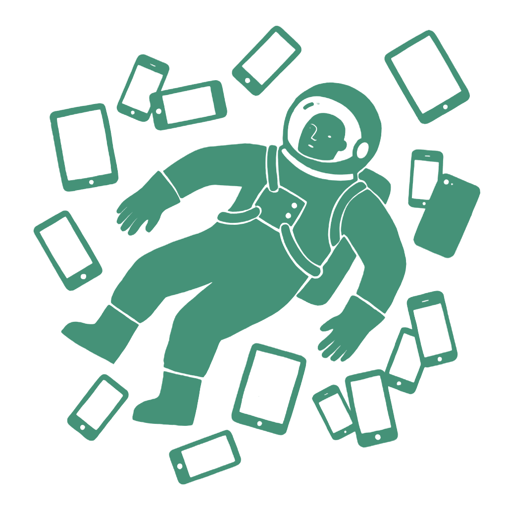 Astronaut mit Smartphones und Tablets